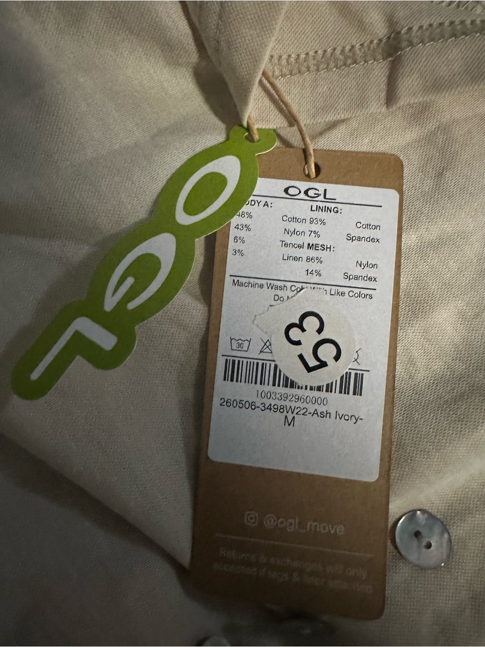 Beige OGL Medium Tank Top. Pearl button design. Built in bra! - Picture 4 of 4
